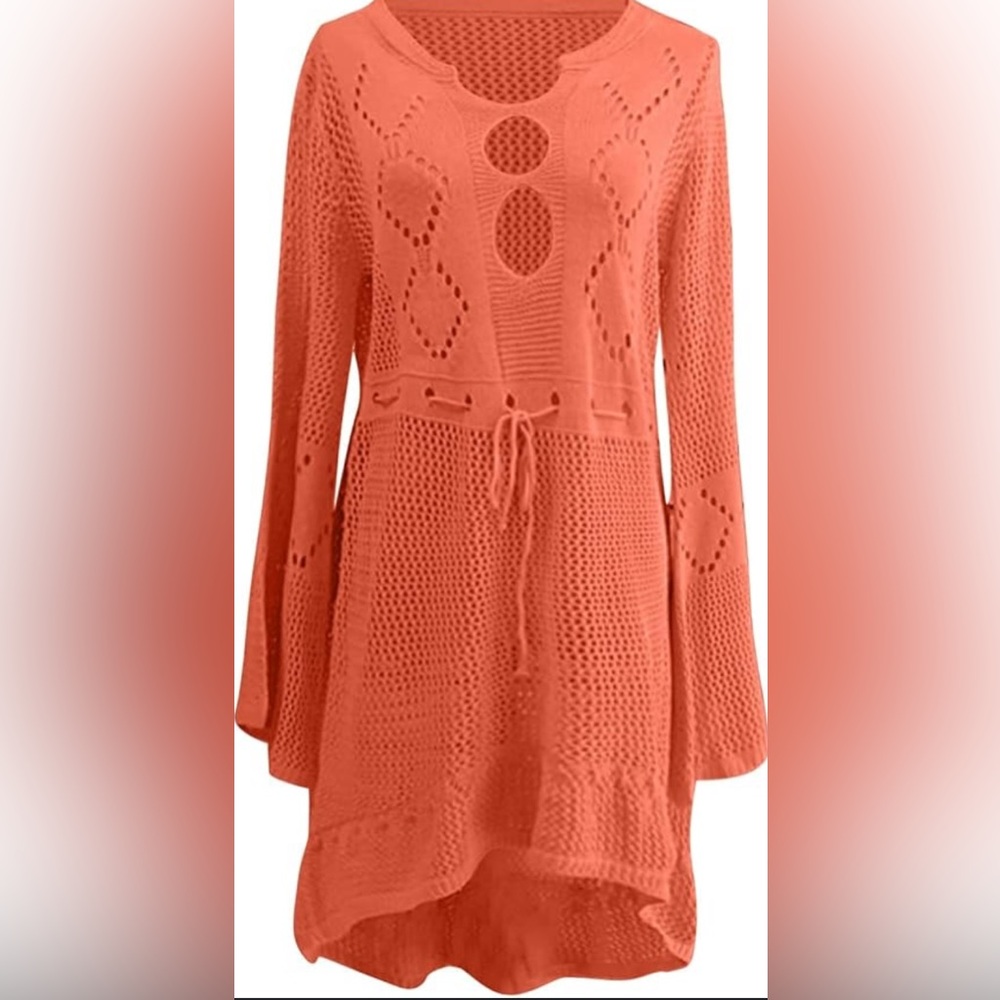Red orange coral knit, crochet, summer cover-up, swim dress, long sleeve retro
